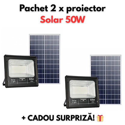 Pachet Proiector Solar Jortan 50W , IP66 , Indicator Baterie , Telecomanda , 6500k + Cadou Surpriza